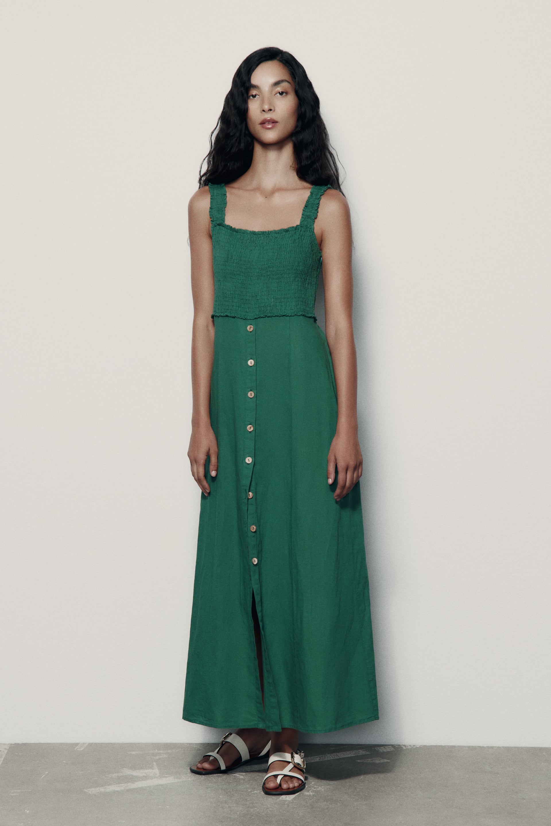 Linen Blend Midi Slip Dress - Green | Zara United States