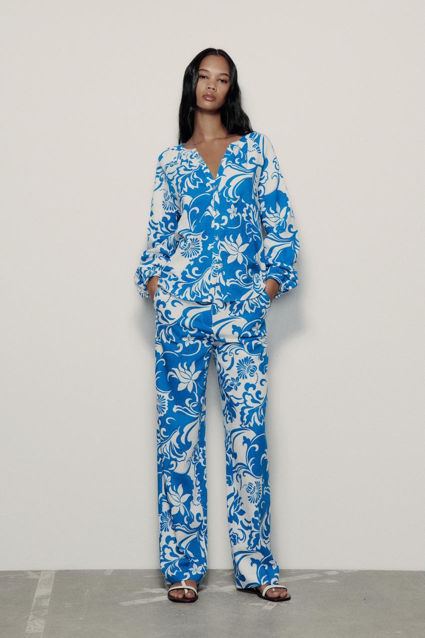 Zara floral pants blue Clearance