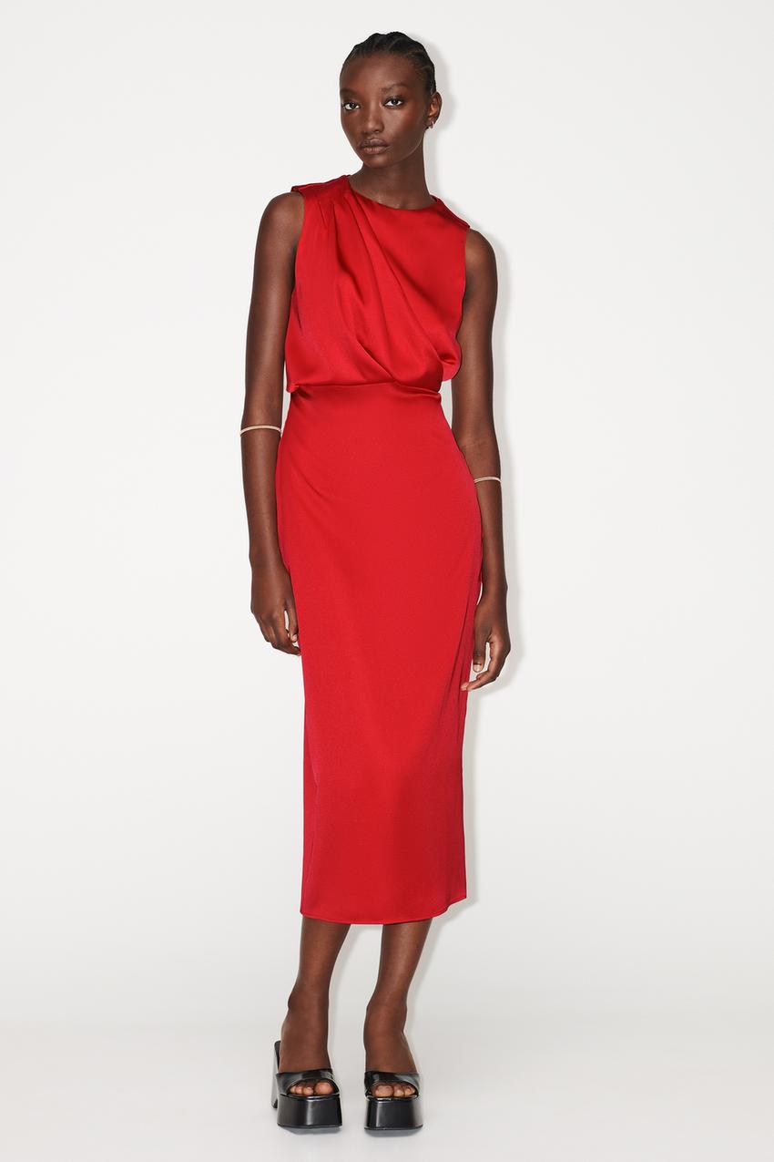 Satin red dress zara Clearance