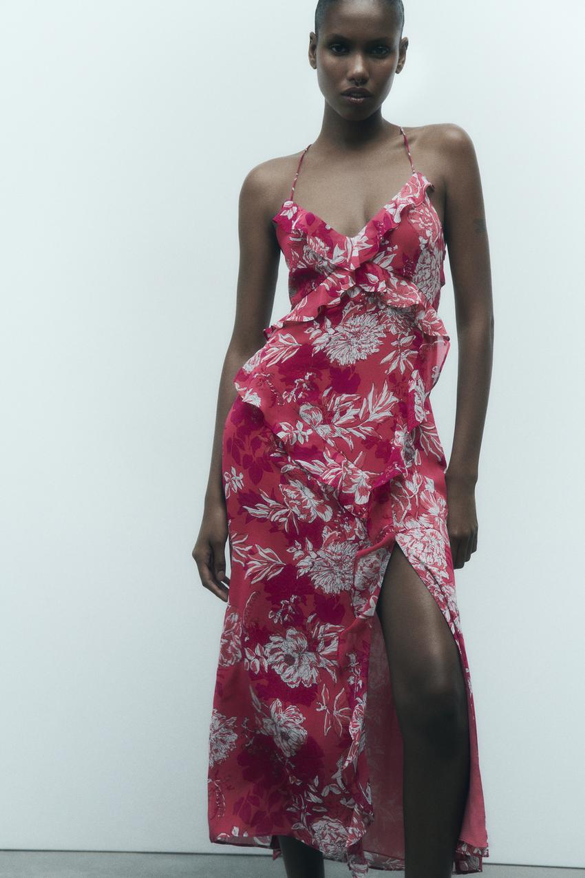 Pink and red floral dress zara Clearance