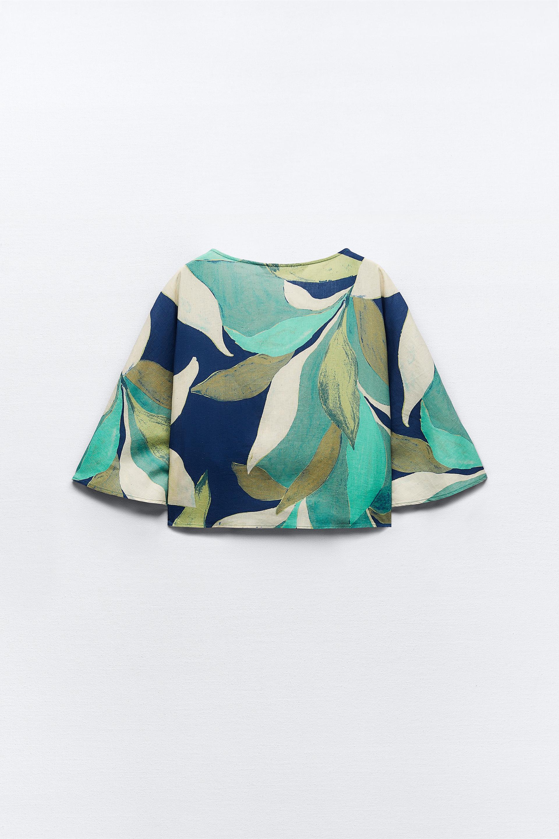 Printed linen blend crop top zara Clearance