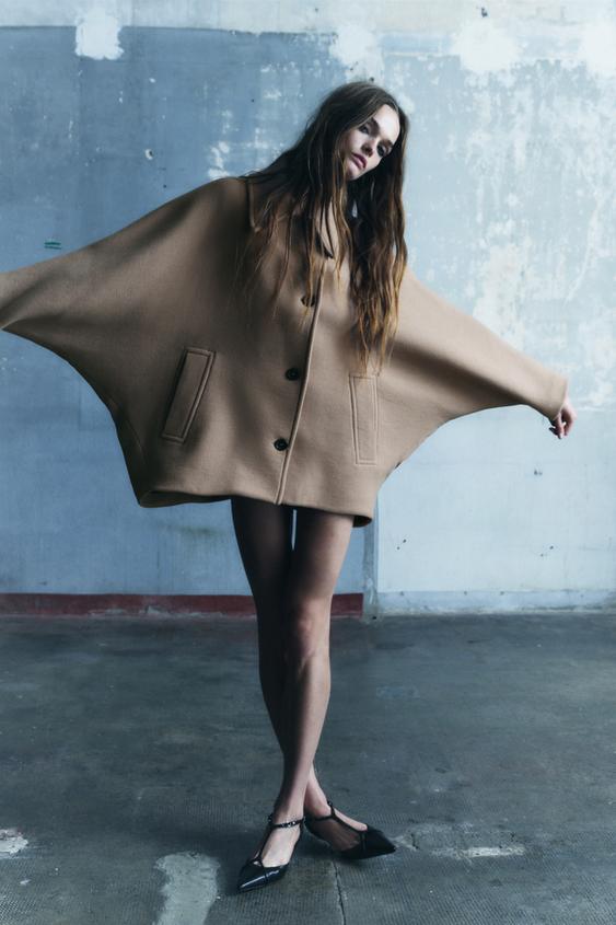 Cotton blend cape coat zara Clearance