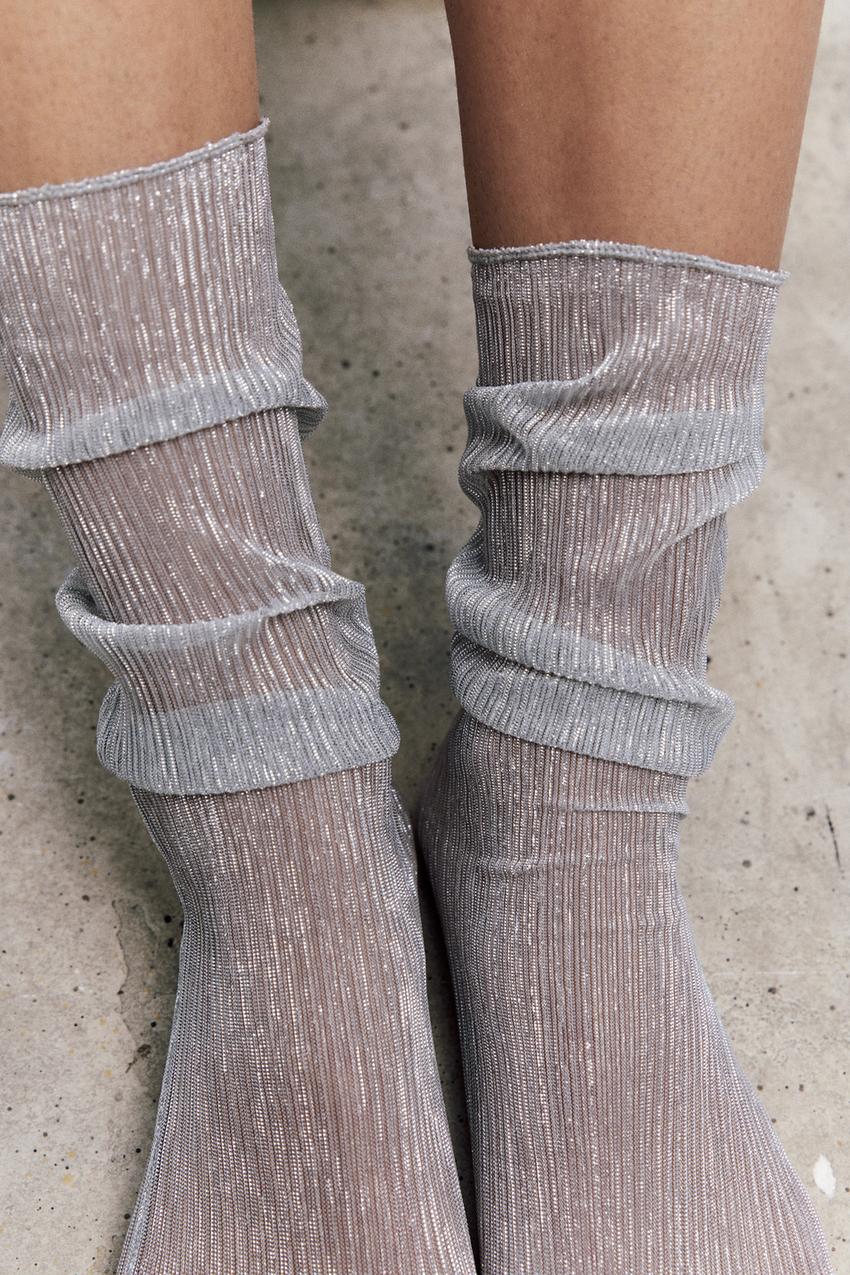 Zara silver metallic thread Semi-sheer pleated socks made with metallic thread.