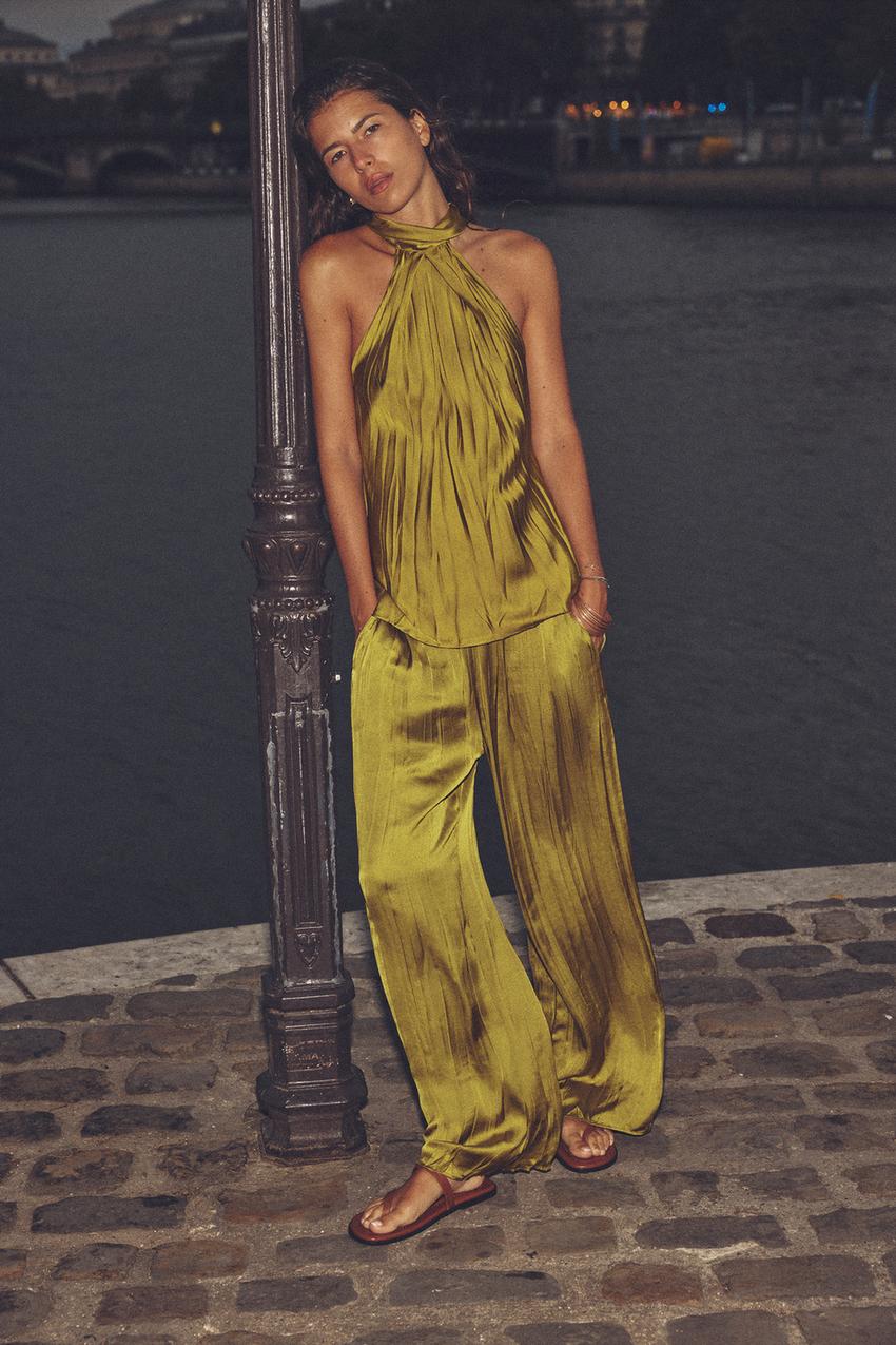 Green silk jumpsuit zara Clearance