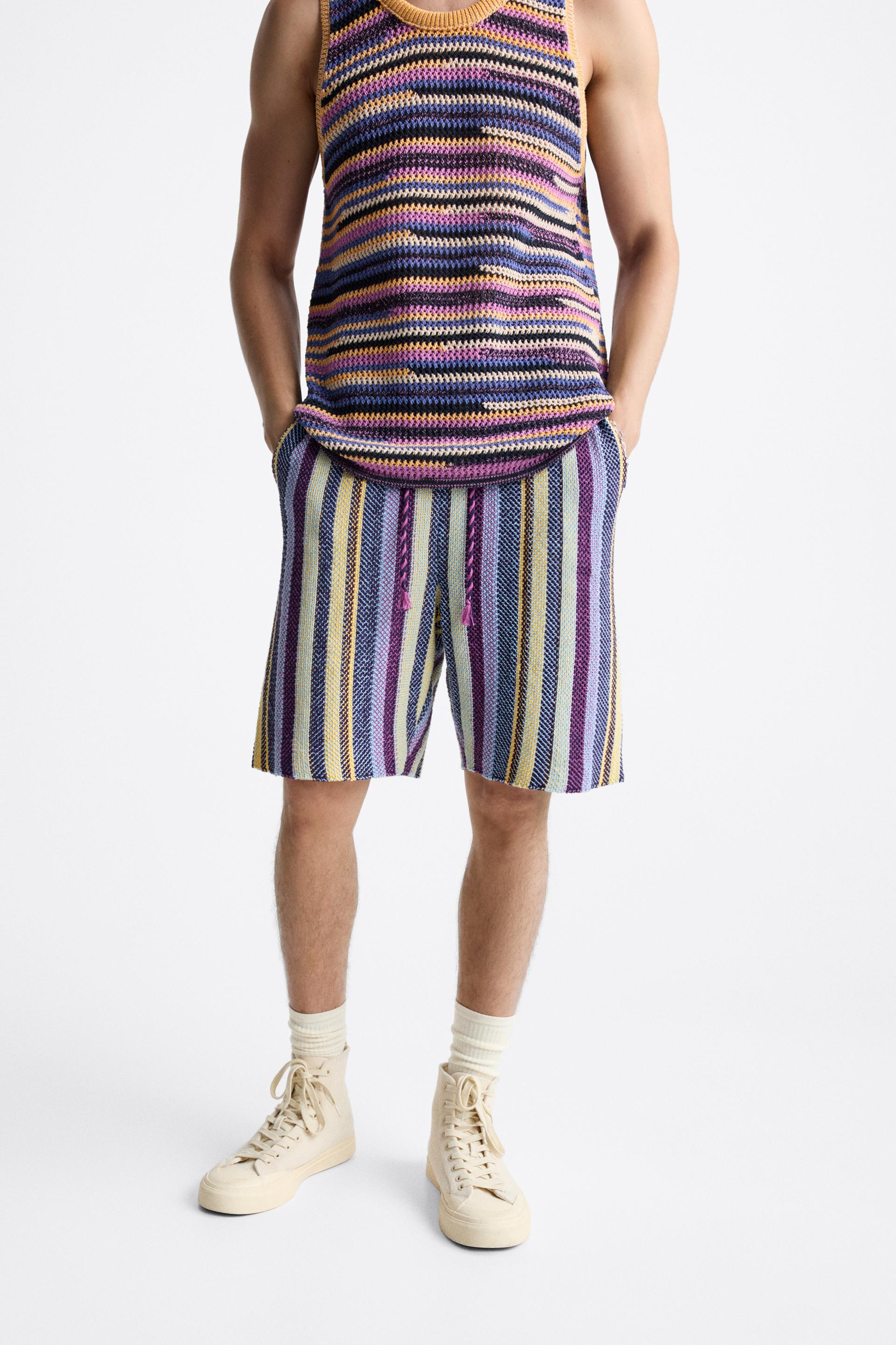 ストライプ ニットバミューダパンツ - パープル | ZARA Japan / 日本