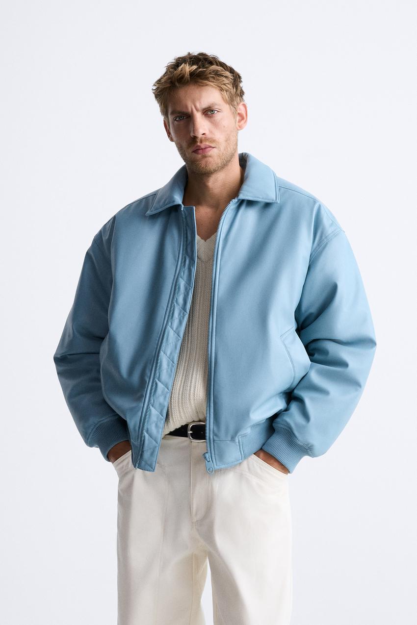 Zara light blue faux leather jacket Clearance