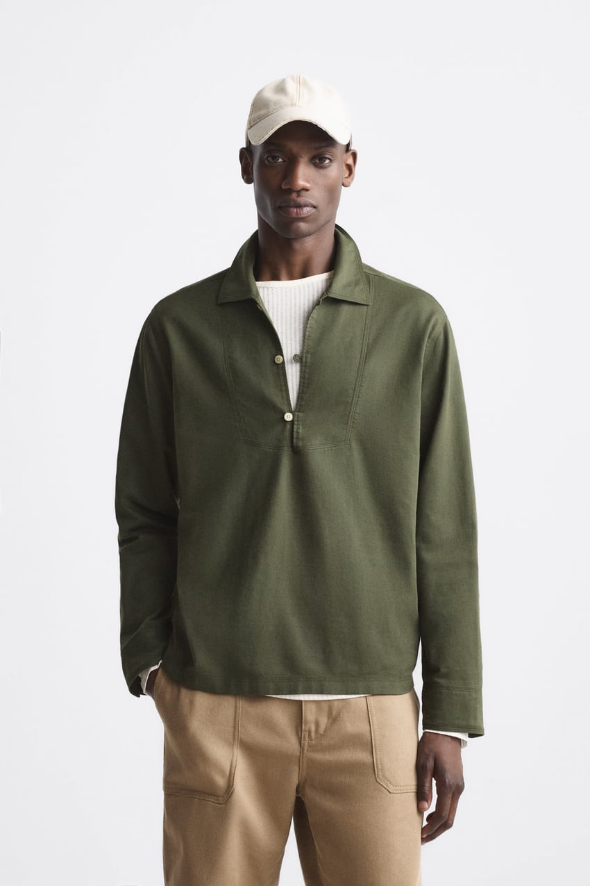 LINEN AND COTTON BLEND POLO SHIRT - Green | ZARA United States