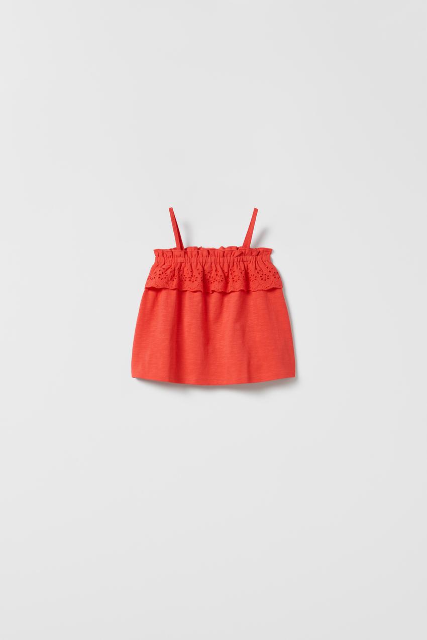 CAMISETA COMBINADA BORDADA Rojo Coral ZARA Chile