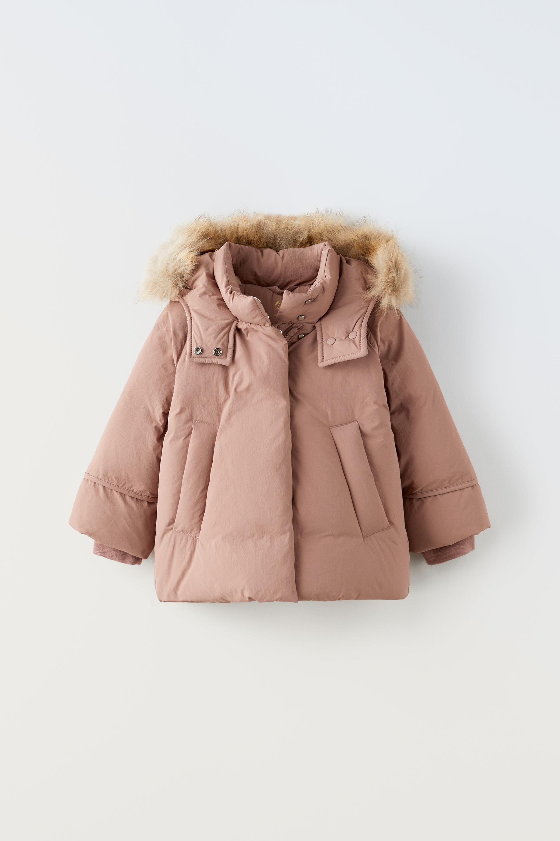 Hooded down puffer jacket with a faux fur trim zara Clearance