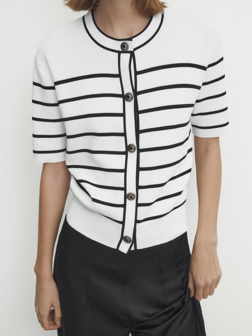 Striped short sleeve knit cardigan - Oyster White