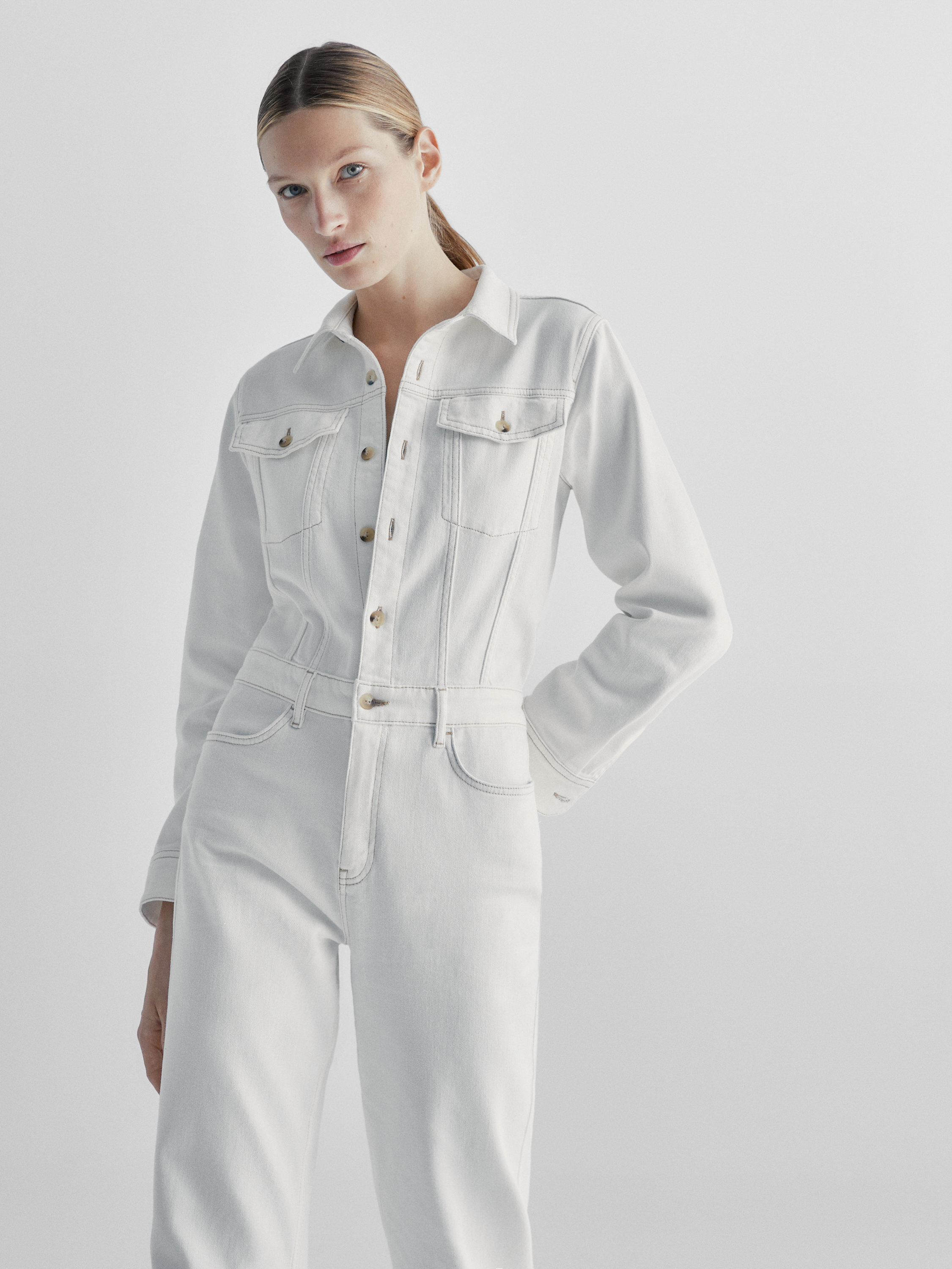 Straight denim jumpsuit with topstitching - Oyster White