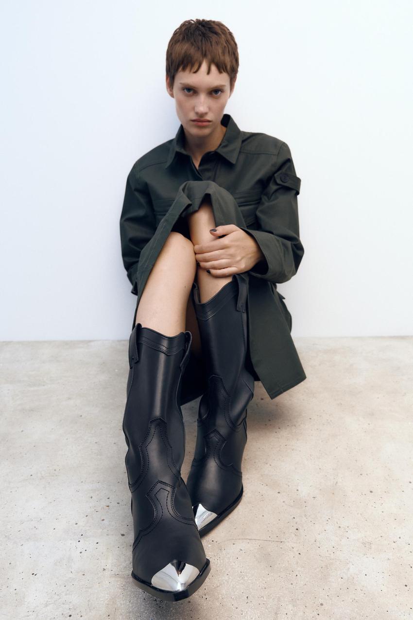 Zara leather cowboy boots with metal trim Clearance