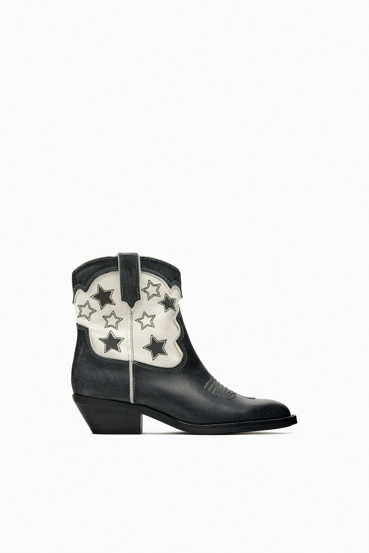 Zara Leather Cowboy Ankle Boots With Stars