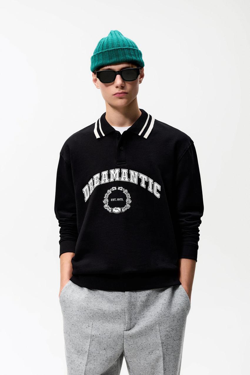 SLOGAN PRINT POLO COLLAR SWEATSHIRT - Black | ZARA Australia