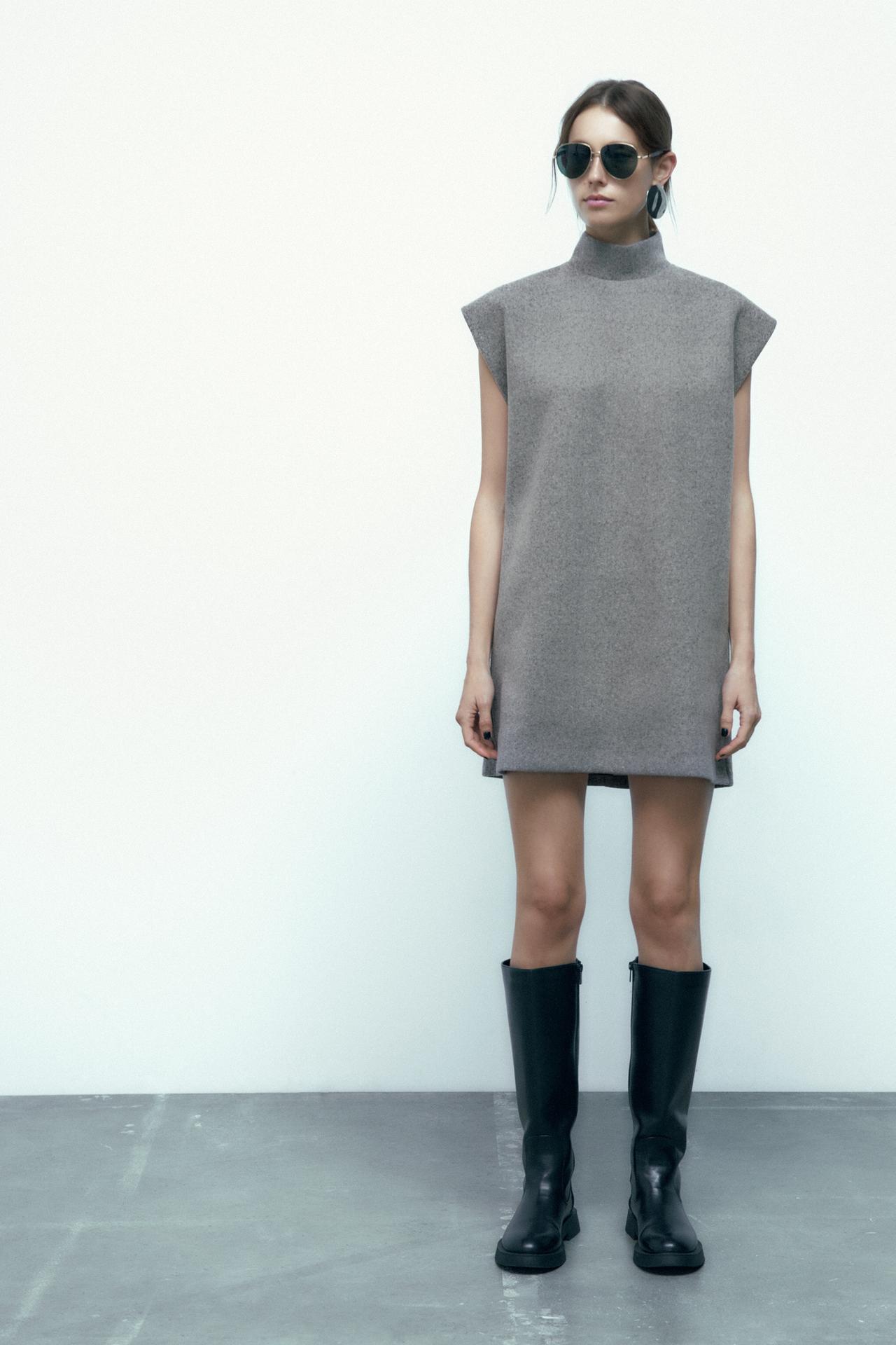 Zara grey marl HIGH NECK knit DRESS with cap sleeves. This short dress with a high neck has an invisible back zip fastening.