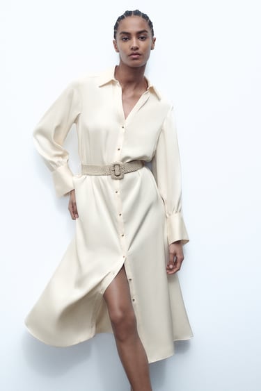 Image 0 of BELTED SATIN SHIRT DRESS from Zara