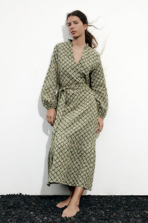 자라 원피스 Zara GEOMETRIC PRINT DRESS,Ecru / Green