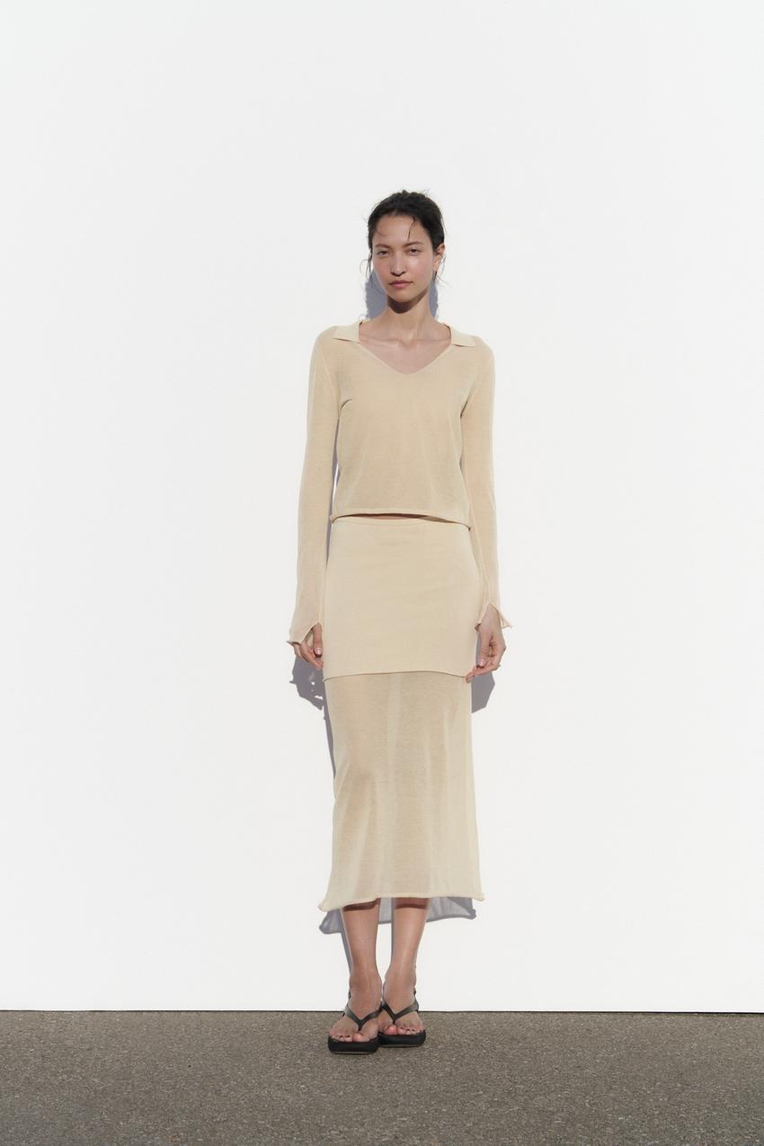 Zara beige High-waist skirt with an elasticated waistband and combined semi-sheer hem and matching collared knit top.