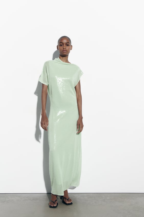 자라 원피스 Zara SEQUIN ASYMMETRIC KNIT DRESS LIMITED EDITION,Sea green