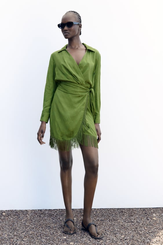 자라 원피스 Zara FRINGED JACQUARD WRAP DRESS,Green