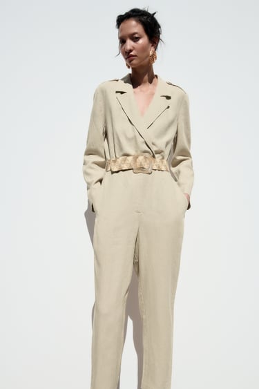 Image 0 of LINEN BLEND BELTED LONG JUMPSUIT from Zara