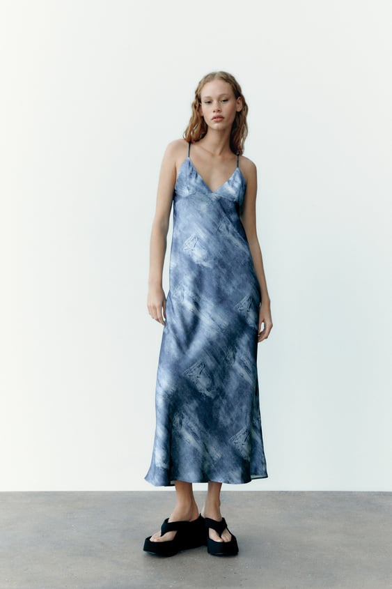 자라 원피스 Zara PRINTED SATIN EFFECT SLIP DRESS,Blue