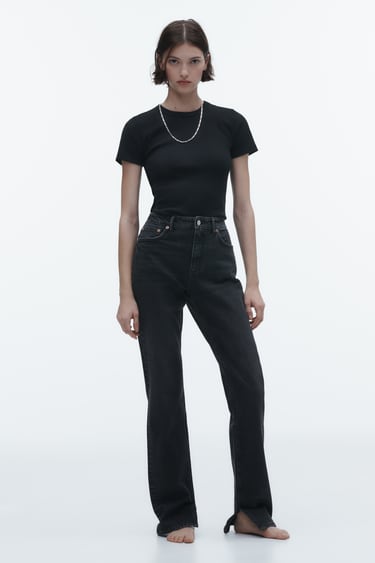 Image 0 of HIGH-RISE SLIM FIT SPLIT TRF JEANS from Zara