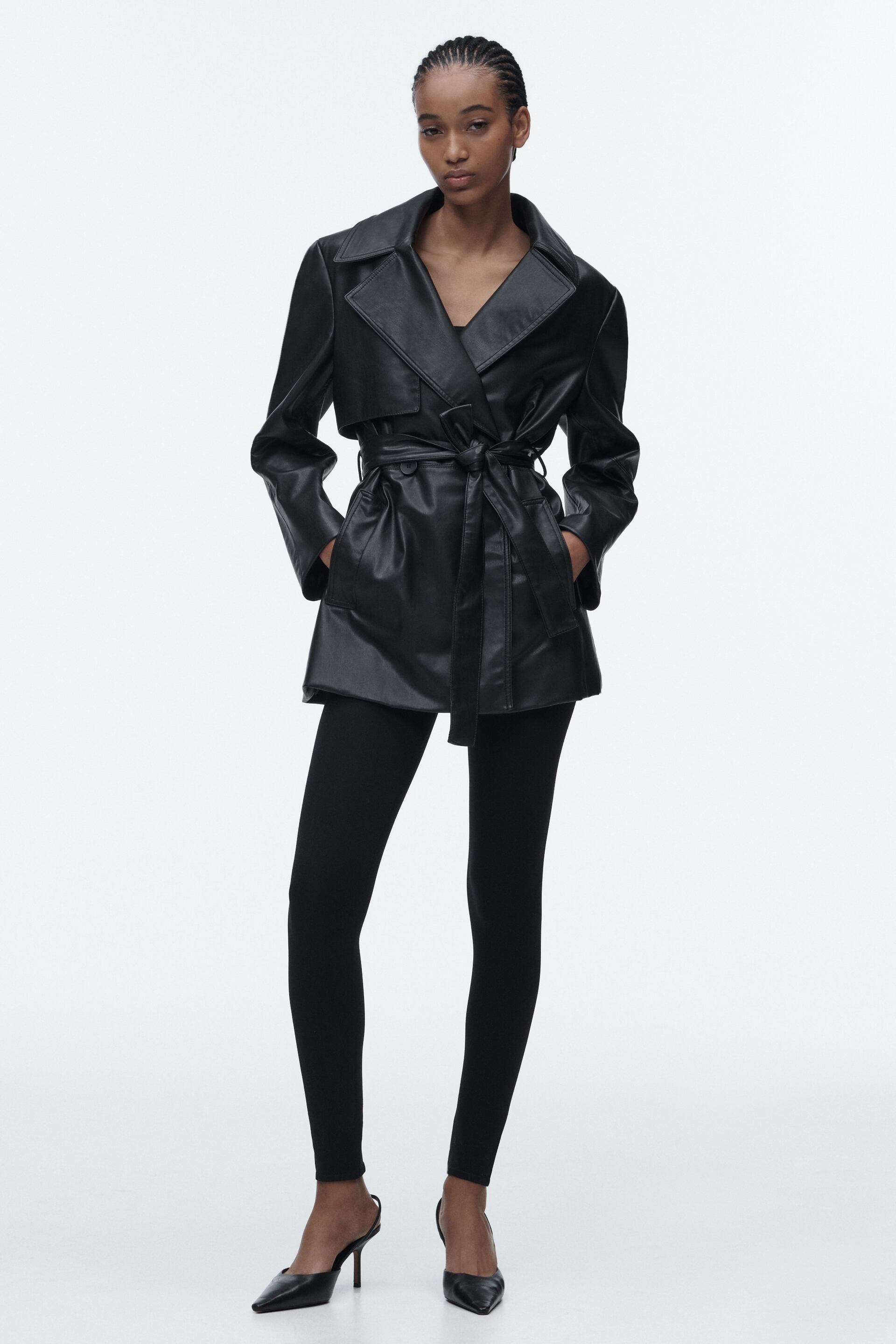 SHORT FAUX LEATHER TRENCH COAT
