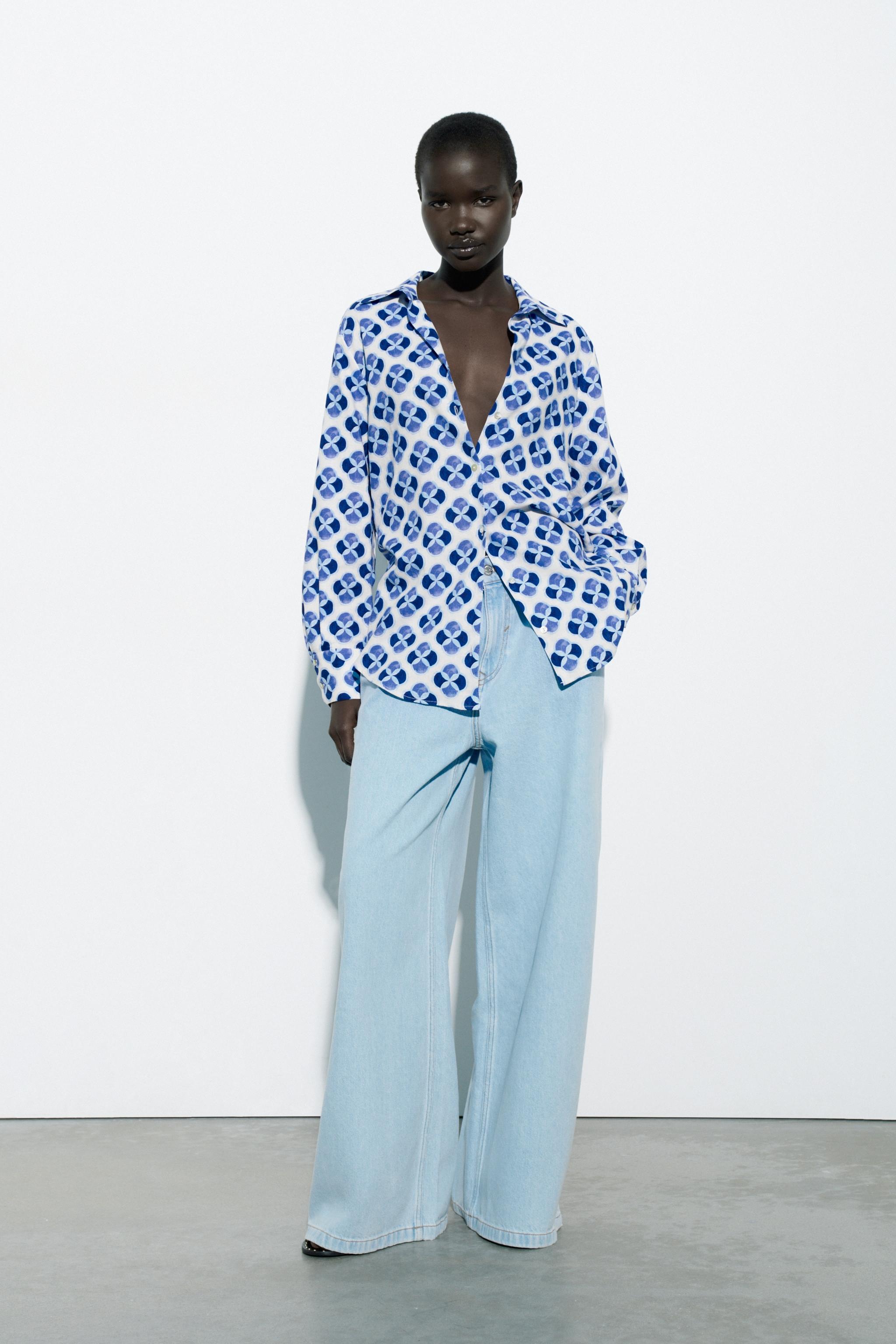 Printed linen blend shirt zara Clearance