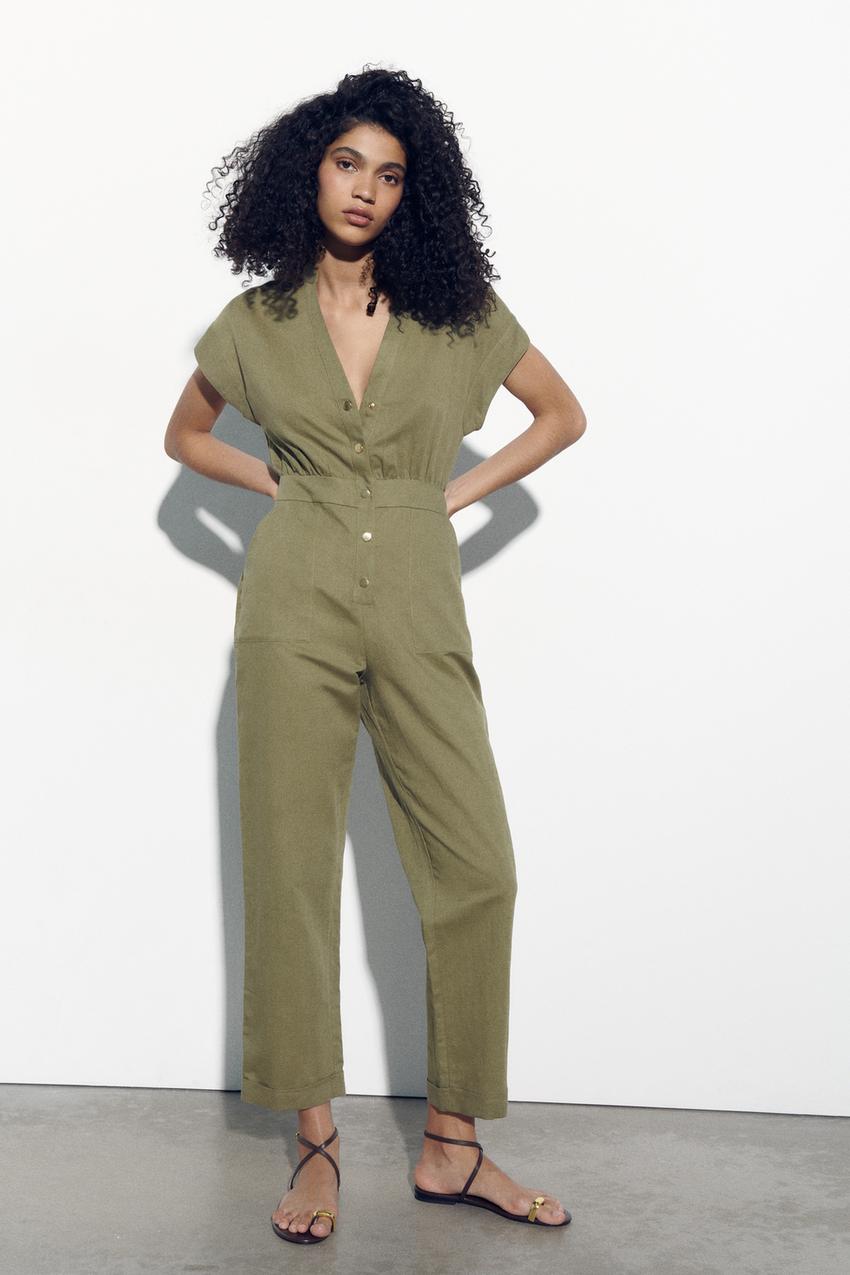 LONG LINEN BLEND JUMPSUIT - Light khaki | ZARA India