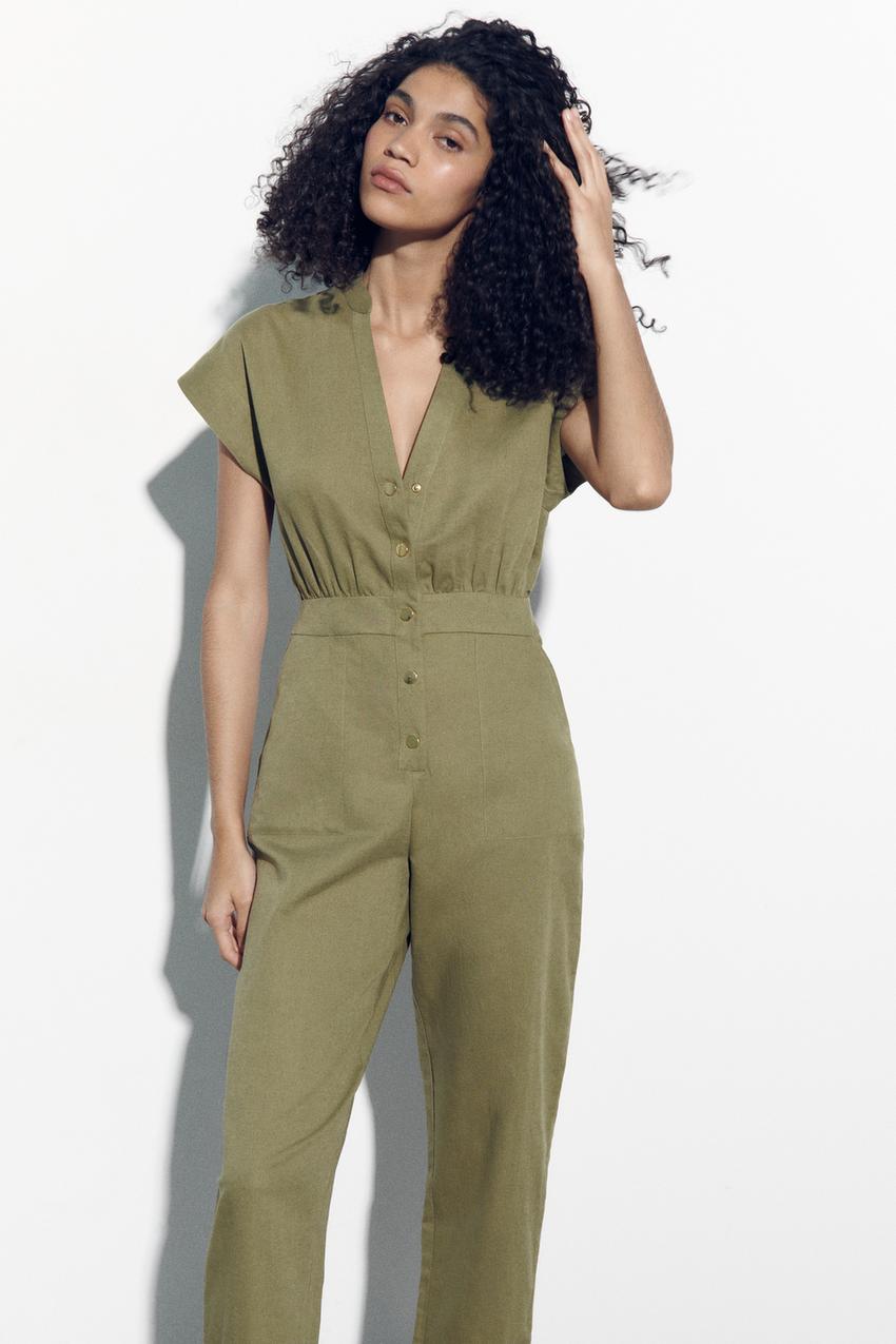 LONG LINEN BLEND JUMPSUIT - Light khaki | ZARA India