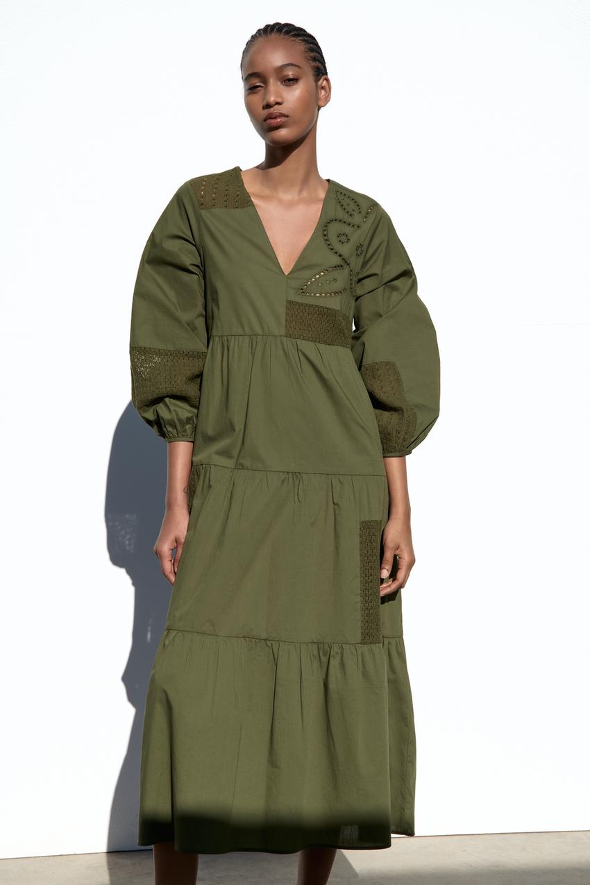 POPLIN EMBROIDERED MIDI DRESS - Khaki | ZARA India