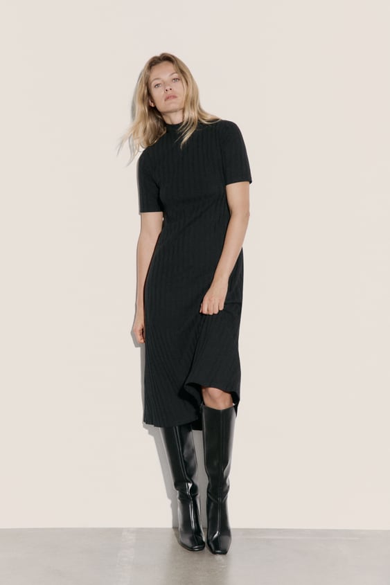 자라 원피스 Zara RIB MOCK NECK DRESS,Black