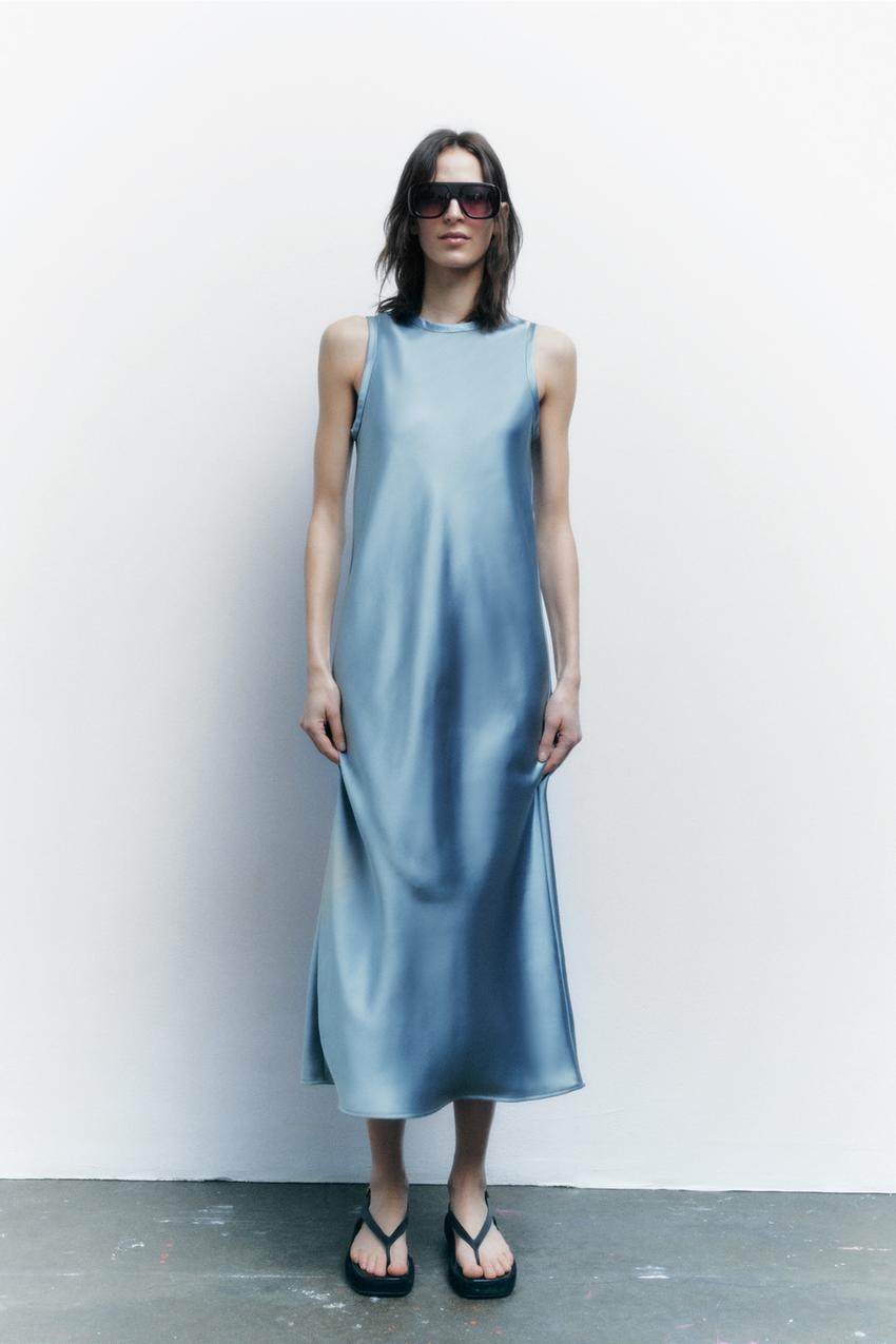 Zara blue Sleeveless midi dress with a round neck. Invisible back zip fastening.
