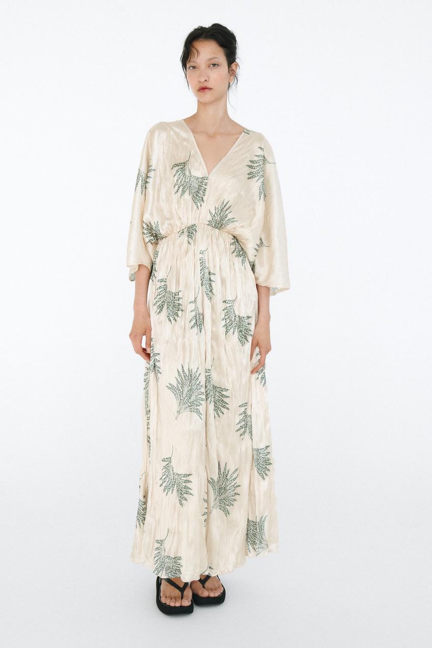 CREASED-EFFECT TUNIC DRESS - Green / Ecru | ZARA India