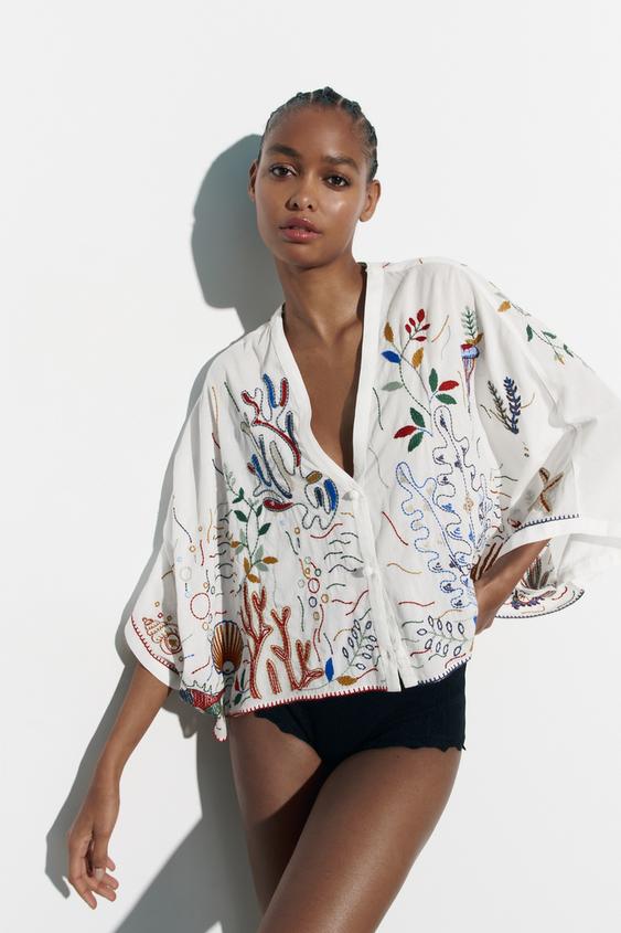 Image 1 of EMBROIDERED COTTON BLOUSE from Zara