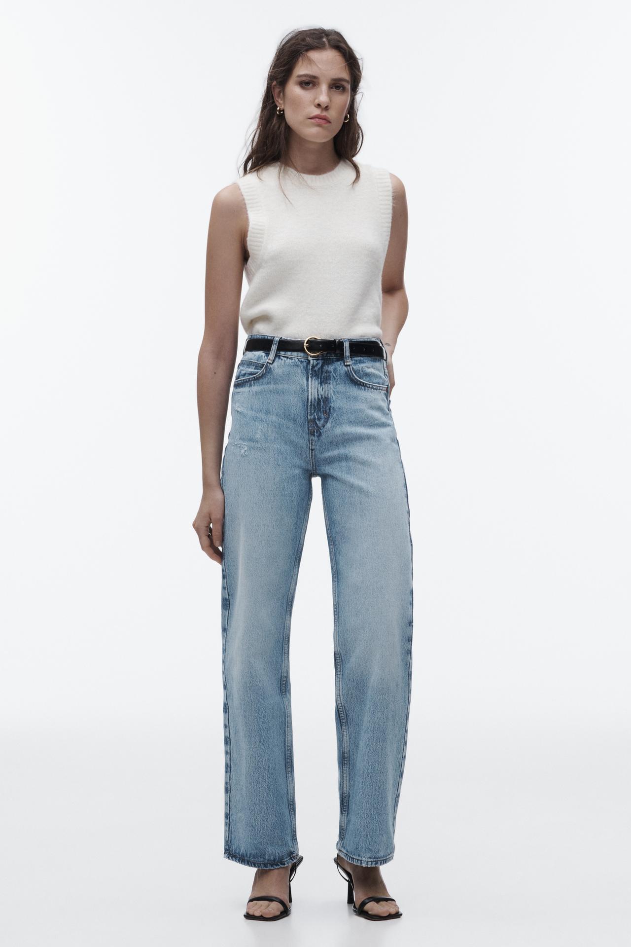 Zara washed blue LOW RISE, STRAIGHT LEG , LONG LENGTH Faded low-rise jeans with a five-pocket design. Ripped details at the front. Long straight-leg fit. Front zip fly and top button