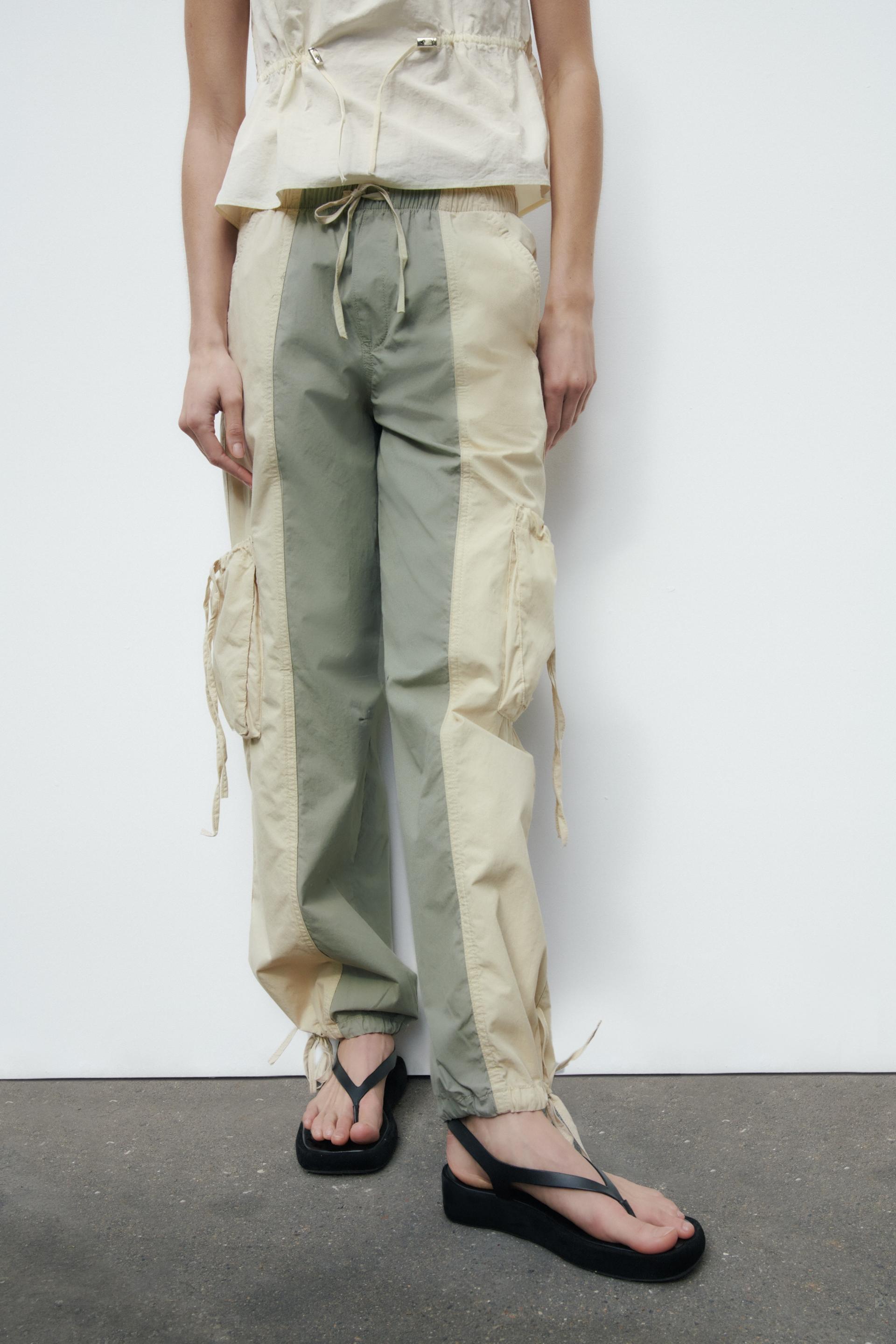 カラーブロック パラシュートパンツ - エクリュ / グリーン | ZARA