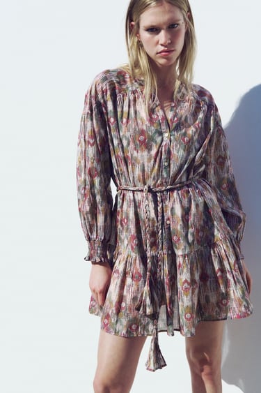 Image 0 of PRINTED DRESS WITH BRAIDED BELT from Zara