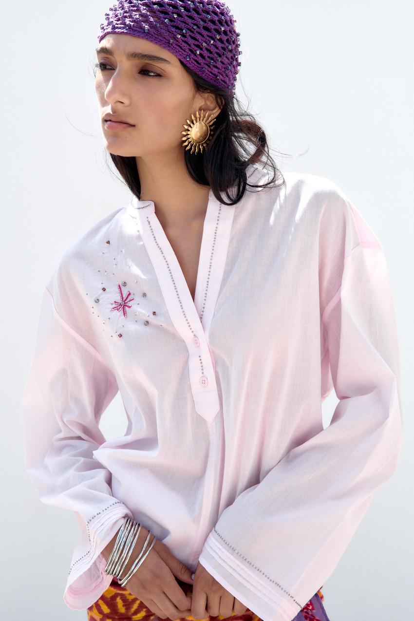 Zara embroidered cotton blouse Clearance