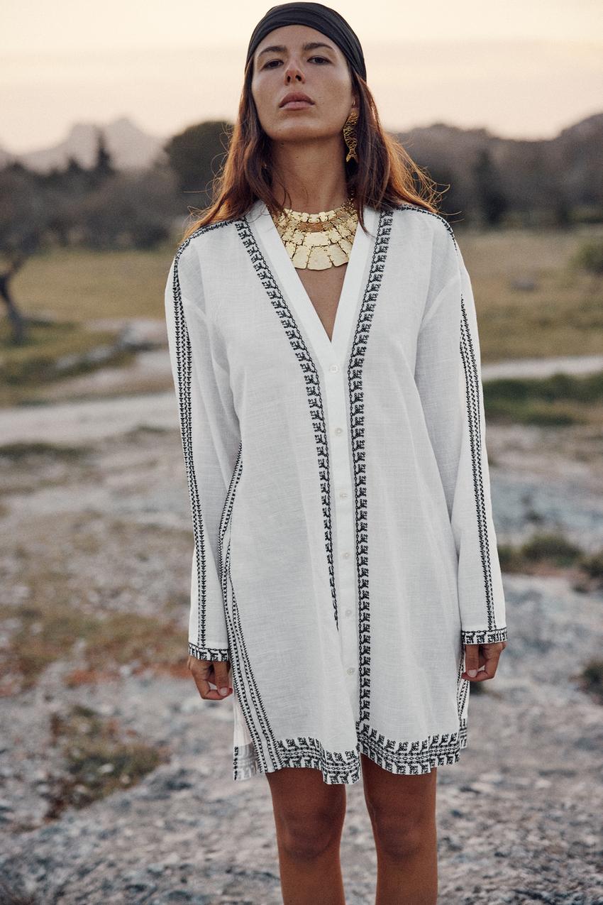 EMBROIDERED TUNIC DRESS - Oyster White | ZARA Cambodia