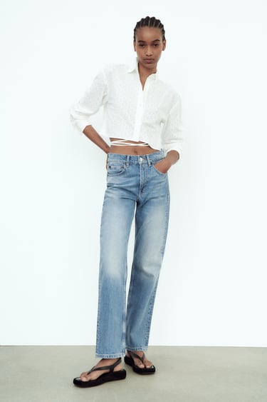 Image 0 of EMBROIDERED EYELET CROP SHIRT from Zara