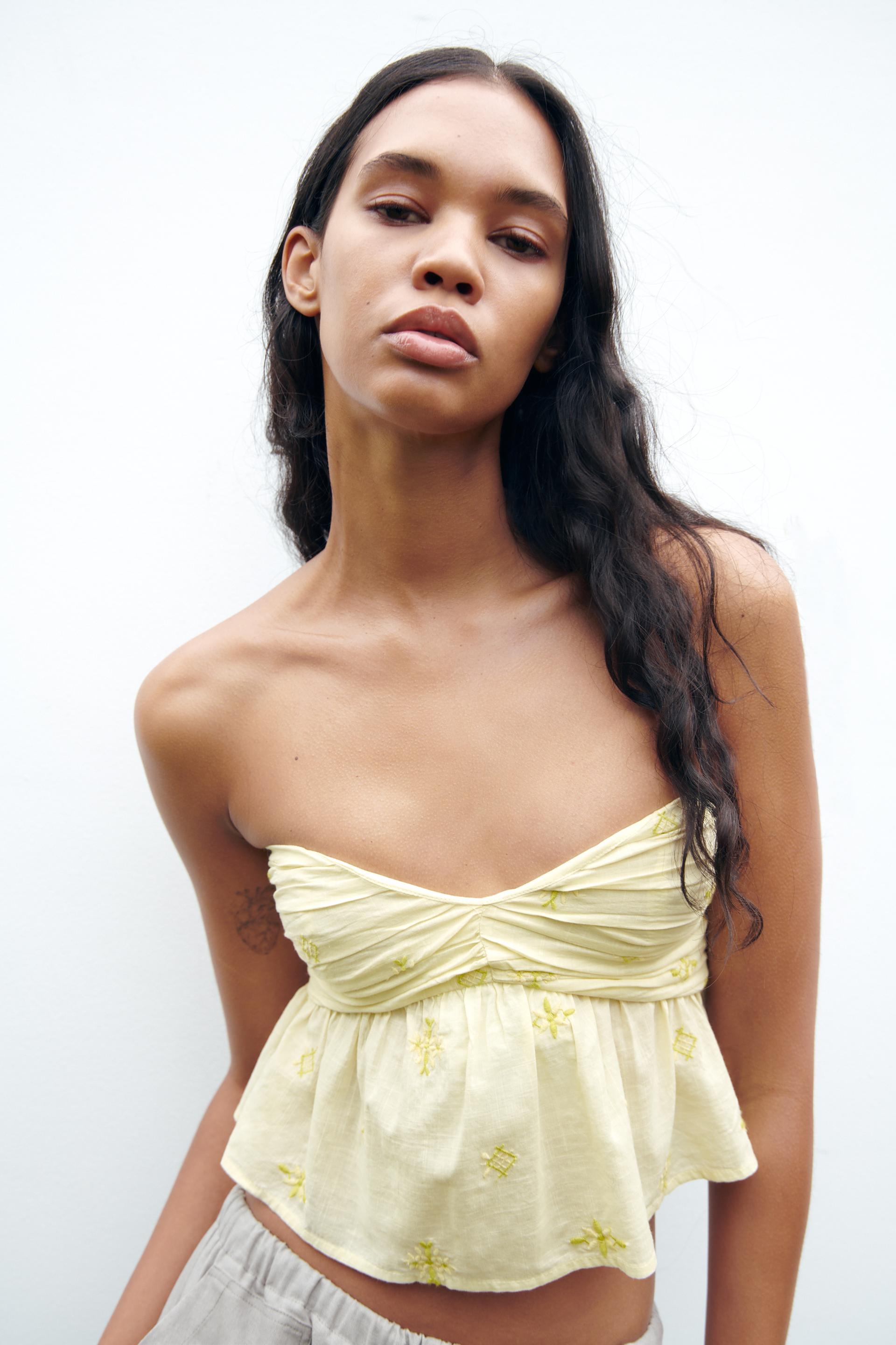 EMBROIDERED STRAPLESS TOP Lime ZARA New Zealand
