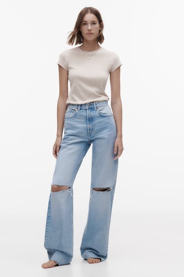 Image 0 of HIGH-RISE RIPPED WIDE-LEG TRF JEANS from Zara