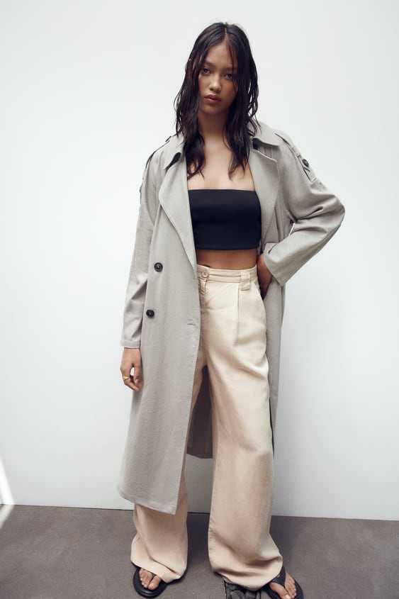 BELTED DOUBLE BREASTED LINEN BLEND TRENCH COAT