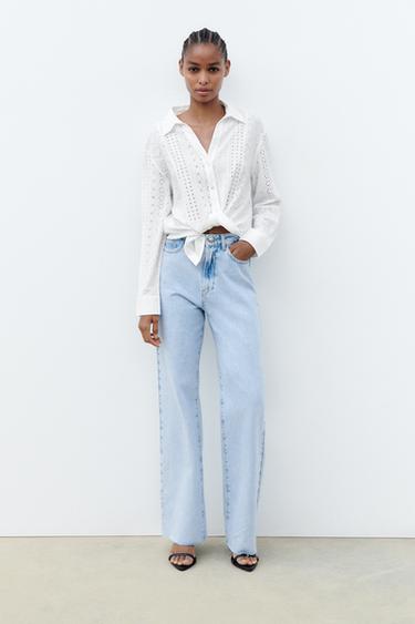 Zara EMBROIDERED EYELET CROPPED BLOUSE - White