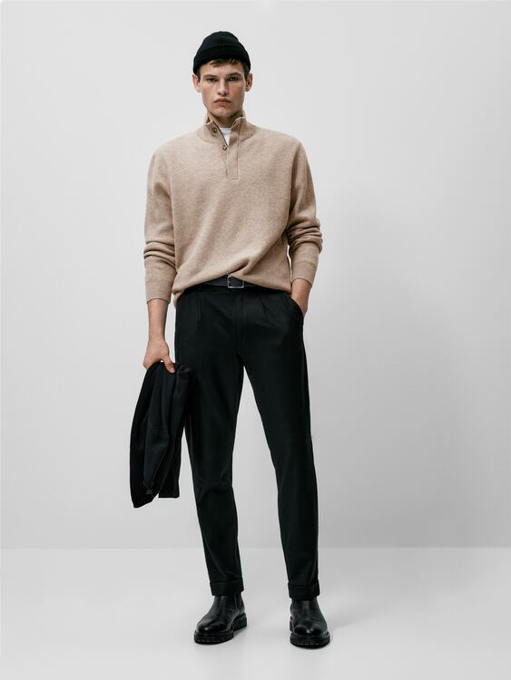 Mock neck sweater with zip and buttons - Mink | ZARA United States