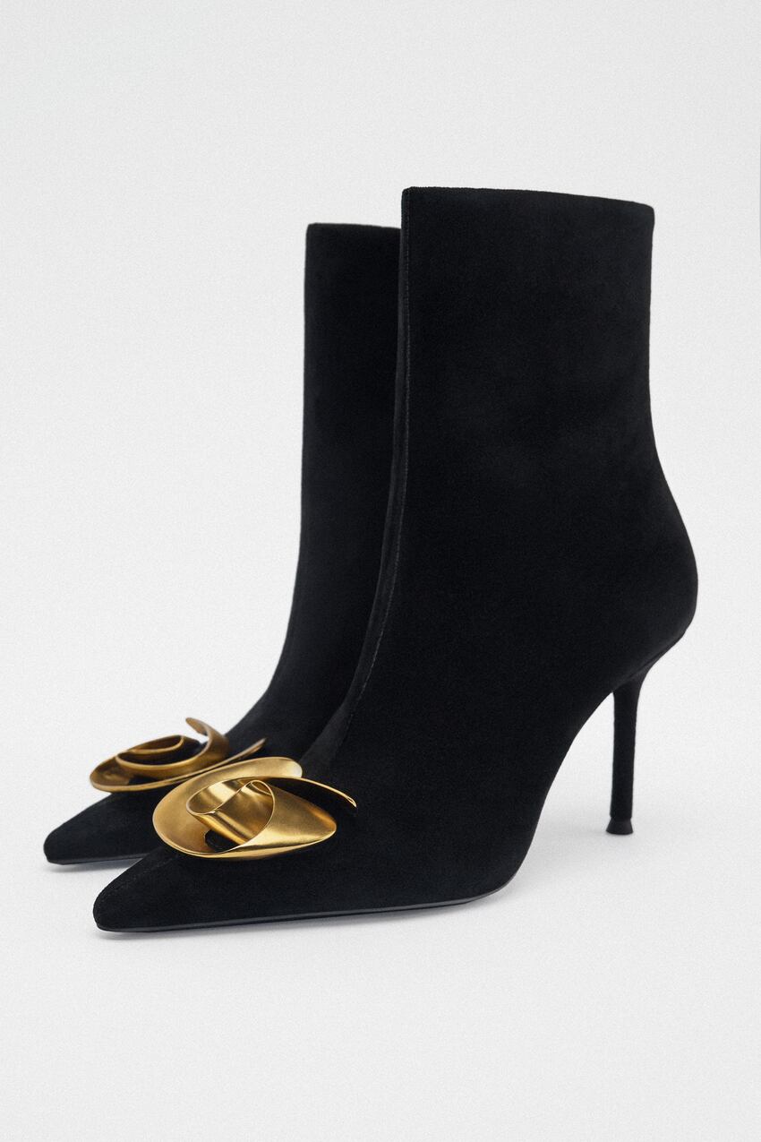 Zara High-heel Leather Ankle Boots with Metal Flower,