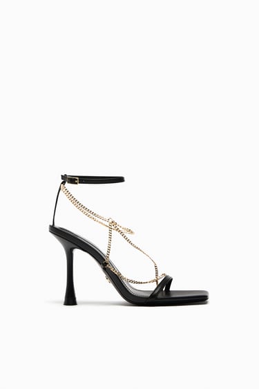 Image 0 of LEATHER HIGH-HEEL SANDALS WITH CHAIN DETAIL from Zara