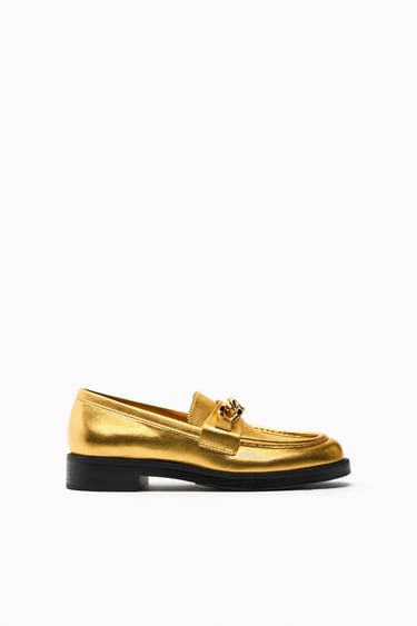 Image 0 of METALLIC LEATHER LOAFERS WITH CHAIN from Zara